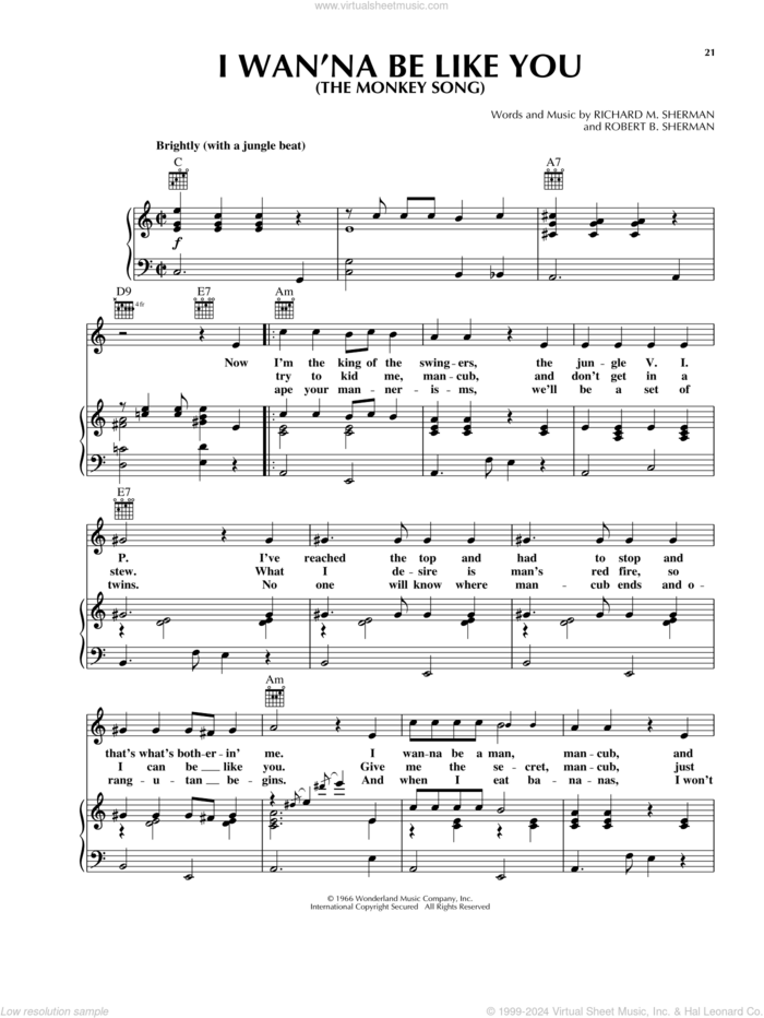 I Wan'na Be Like You (The Monkey Song) (from The Jungle Book) sheet music for voice, piano or guitar by Richard M. Sherman and Robert B. Sherman, intermediate skill level