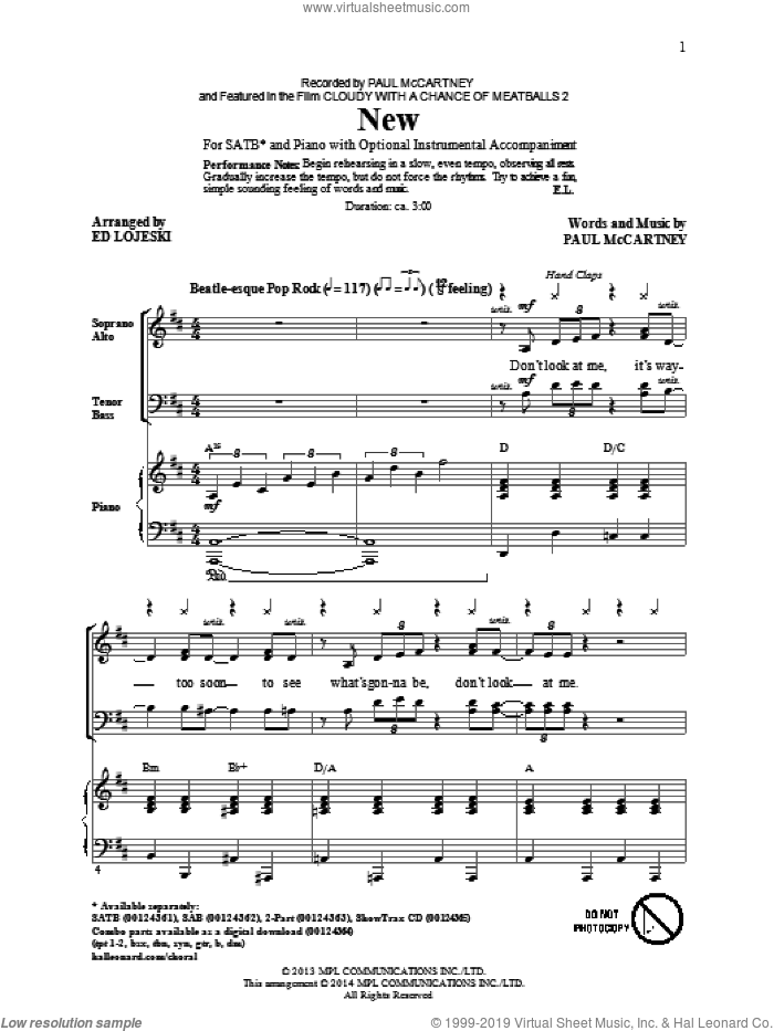 New sheet music for choir (SATB: soprano, alto, tenor, bass) by Paul McCartney and Ed Lojeski, intermediate skill level