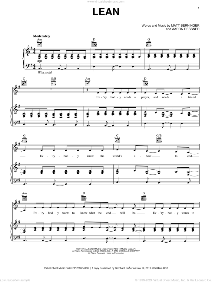 Lean sheet music for voice, piano or guitar by The National, Aaron Dessner and Matt Berninger, intermediate skill level