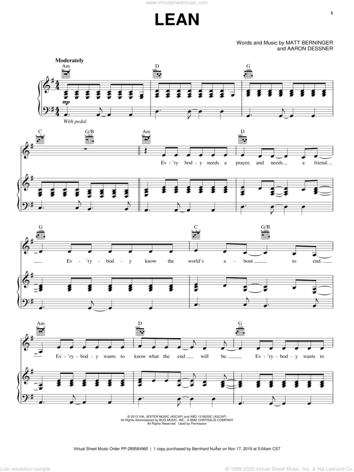 Lean sheet music for voice, piano or guitar by The National, Aaron Dessner and Matt Berninger, intermediate skill level