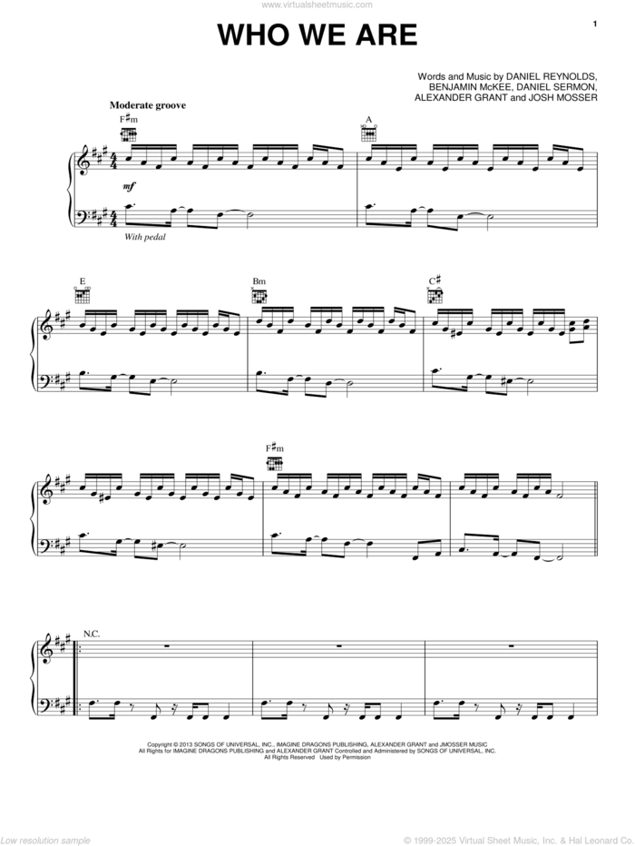 Who We Are sheet music for voice, piano or guitar by Imagine Dragons, Alexander Grant, Benjamin McKee, Daniel Reynolds, Daniel Sermon and Josh Mosser, intermediate skill level