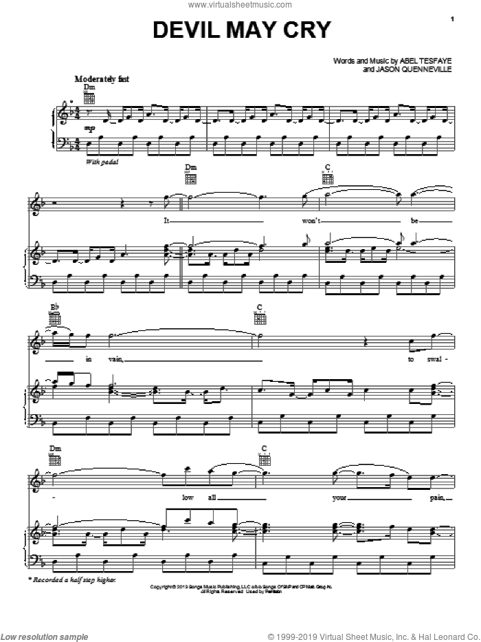 Devil May Cry sheet music for voice, piano or guitar by The Weeknd, Abel Tesfaye and Jason Quenneville, intermediate skill level