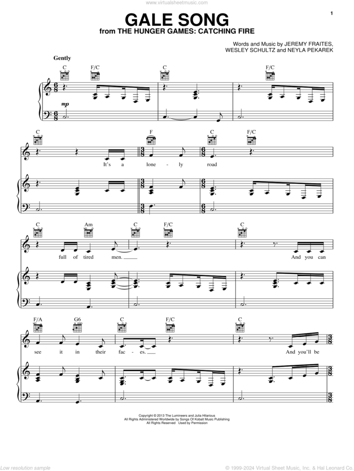 Gale Song sheet music for voice, piano or guitar by The Lumineers, Jeremy Fraites, Neyla Pekarek and Wesley Schultz, intermediate skill level