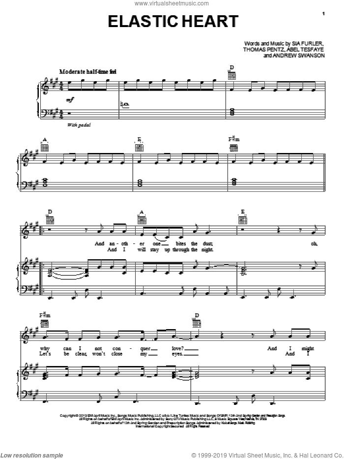 Elastic Heart sheet music for voice, piano or guitar by Sia Featuring The Weeknd And Diplo, Abel Tesfaye, Andrew Swanson, Sia Furler and Thomas Wesley Pentz, intermediate skill level