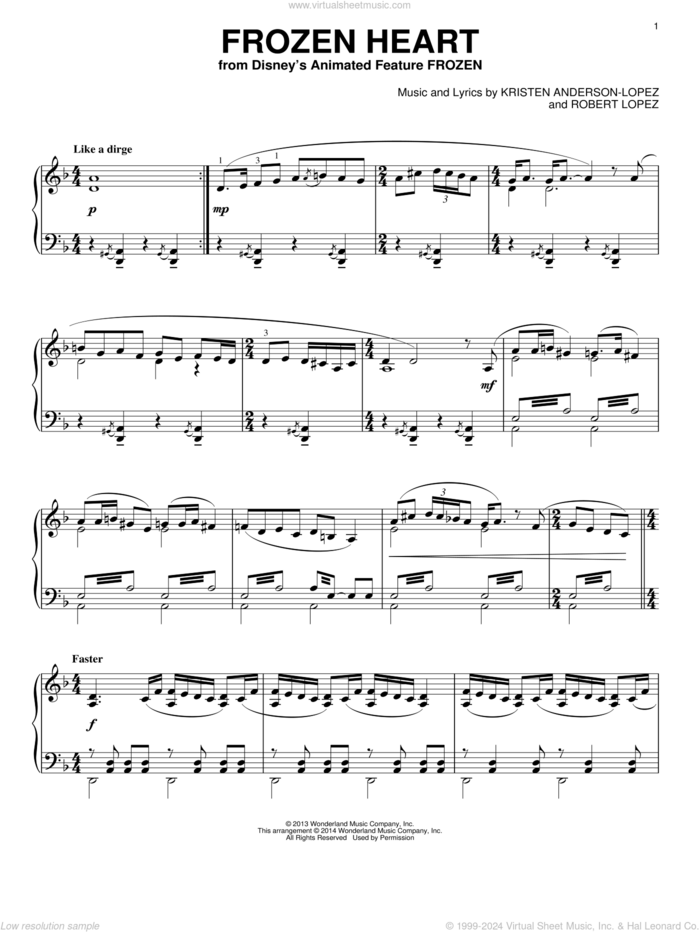 Frozen Heart (from Disney's Frozen) sheet music for piano solo by Robert Lopez, Kristen Anderson-Lopez and Kristen Anderson-Lopez & Robert Lopez, intermediate skill level