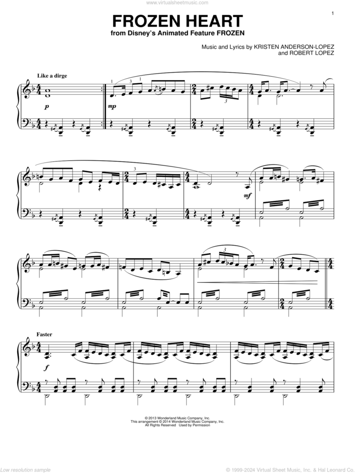 Frozen Heart (from Disney's Frozen) sheet music for piano solo by Robert Lopez, Kristen Anderson-Lopez and Kristen Anderson-Lopez & Robert Lopez, intermediate skill level