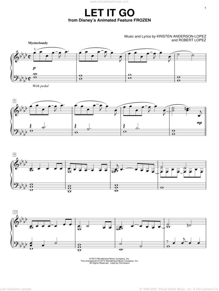 Let It Go (from Frozen), (intermediate) sheet music for piano solo by Idina Menzel, Kristen Anderson-Lopez and Robert Lopez, intermediate skill level