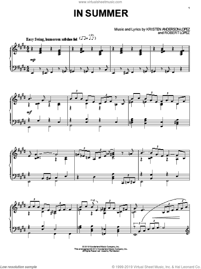 In Summer (from Frozen) sheet music for piano solo by Josh Gad, Kristen Anderson-Lopez and Robert Lopez, intermediate skill level
