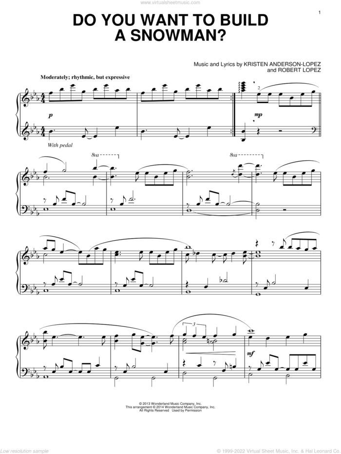 Do You Want To Build A Snowman? (from Frozen), (intermediate) sheet music for piano solo by Kristen Bell, Agatha Lee Monn & Katie Lopez, Kristen Anderson-Lopez and Robert Lopez, intermediate skill level