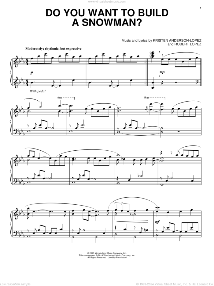 Do You Want To Build A Snowman? (from Frozen), (intermediate) sheet music for piano solo by Kristen Bell, Agatha Lee Monn & Katie Lopez, Kristen Anderson-Lopez and Robert Lopez, intermediate skill level