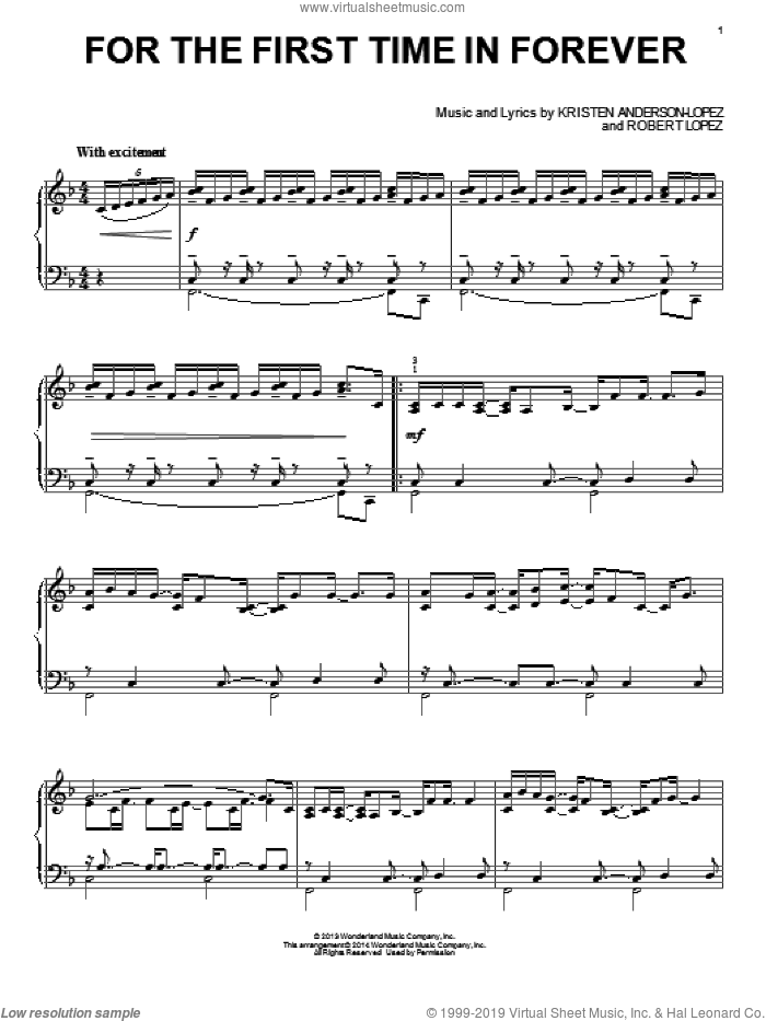 For The First Time In Forever (from Frozen), (intermediate) sheet music for piano solo by Robert Lopez, Kristen Anderson-Lopez and Kristen Bell, Idina Menzel, intermediate skill level