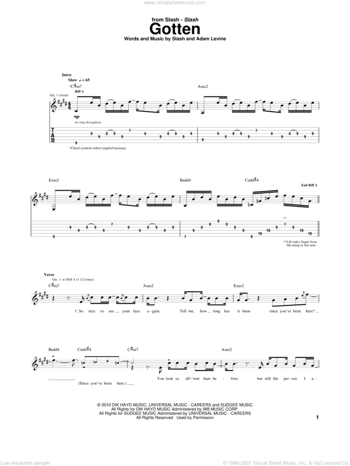 Gotten sheet music for guitar (tablature) by Slash and Adam Levine, intermediate skill level
