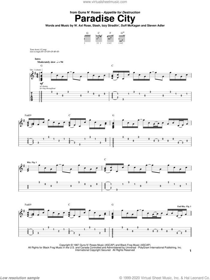 Paradise City sheet music for guitar (tablature) by Guns N' Roses, Axl Rose, Duff McKagan, Slash and Steven Adler, intermediate skill level
