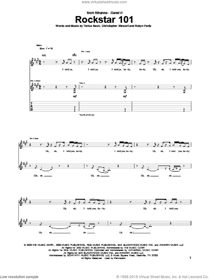 Rockstar 101 sheet music for guitar (tablature) by Rihanna, Christopher Stewart, Robyn Fenty, Slash and Terius Nash, intermediate skill level