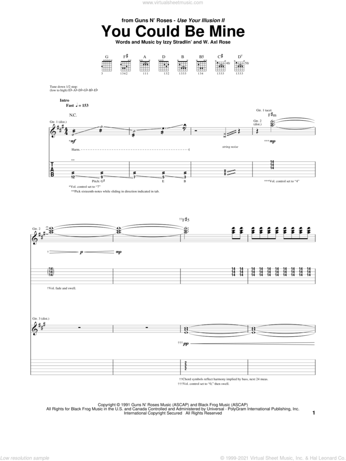 You Could Be Mine sheet music for guitar (tablature) by Guns N' Roses, Axl Rose and Slash, intermediate skill level
