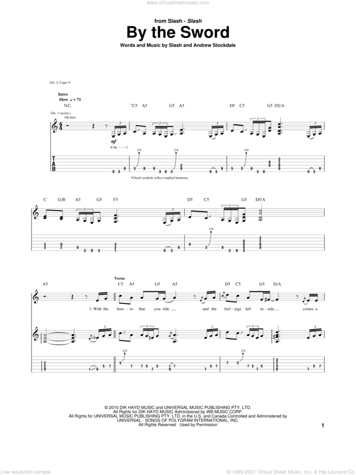 By The Sword sheet music for guitar (tablature) by Slash and Andrew Stockdale, intermediate skill level