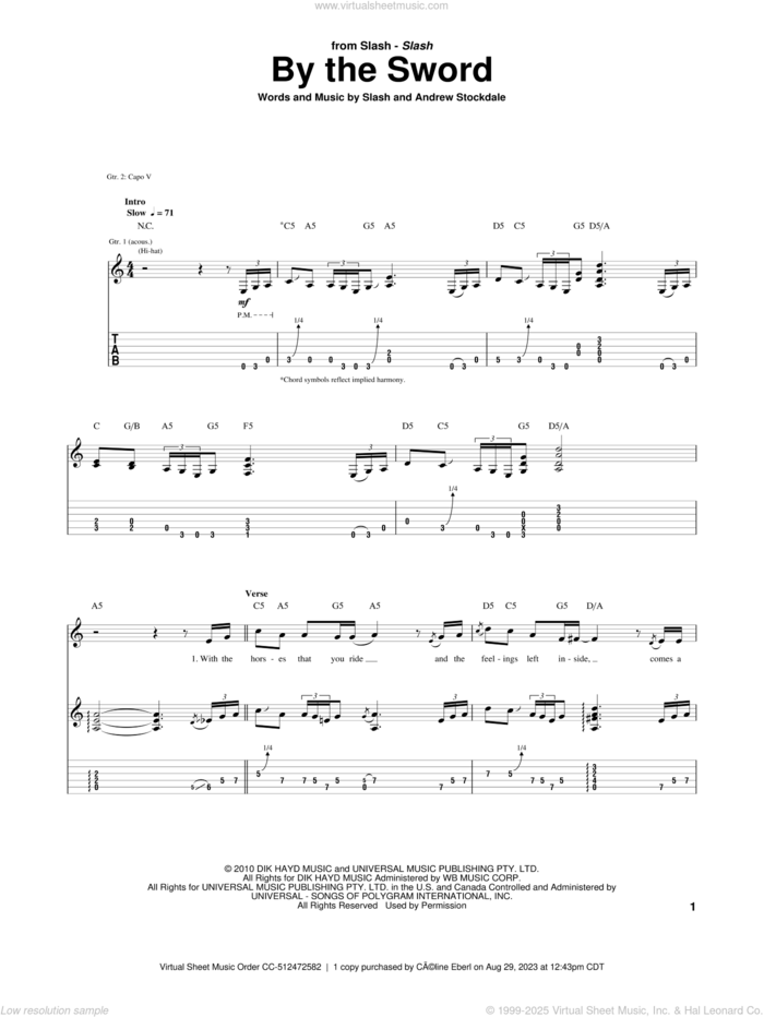 By The Sword sheet music for guitar (tablature) by Slash and Andrew Stockdale, intermediate skill level