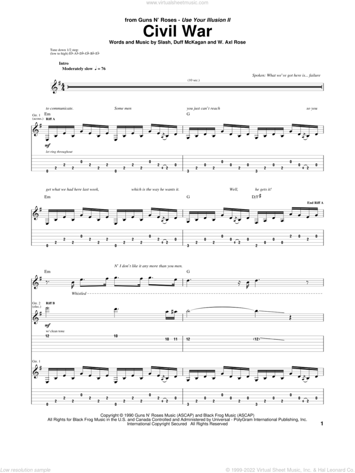 Civil War sheet music for guitar (tablature) by Guns N' Roses, Axl Rose, Duff McKagan and Slash, intermediate skill level