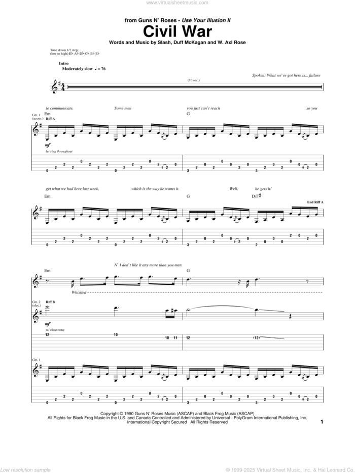 Civil War sheet music for guitar (tablature) by Guns N' Roses, Axl Rose, Duff McKagan and Slash, intermediate skill level