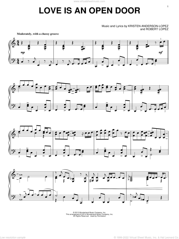 Love Is An Open Door (from Disney's Frozen) sheet music for piano solo by Kristen Bell & Santino Fontana, Kristen Anderson-Lopez and Robert Lopez, intermediate skill level