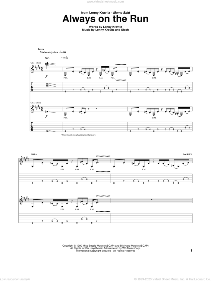 Always On The Run sheet music for guitar (tablature) by Lenny Kravitz and Slash, intermediate skill level