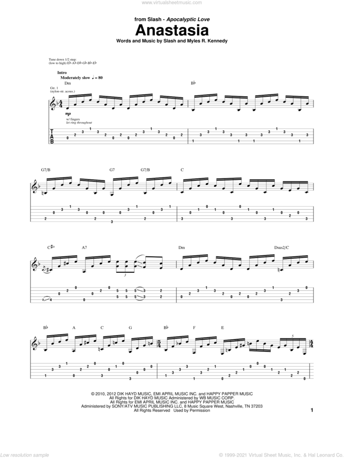 Anastasia sheet music for guitar (tablature) by Slash and Myles R. Kennedy, intermediate skill level