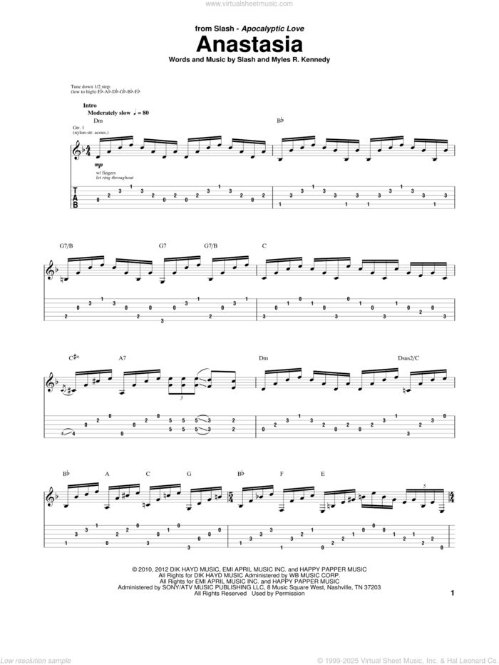 Anastasia sheet music for guitar (tablature) by Slash and Myles R. Kennedy, intermediate skill level