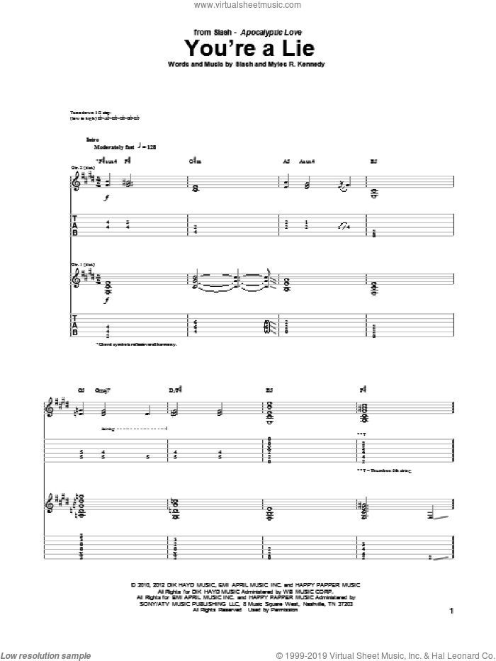You're A Lie sheet music for guitar (tablature) by Slash and Myles R. Kennedy, intermediate skill level