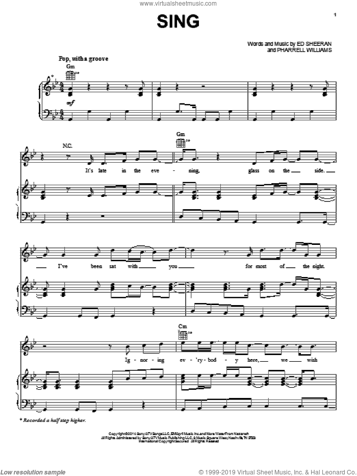 Sing sheet music for voice, piano or guitar by Ed Sheeran and Pharrell Williams, intermediate skill level