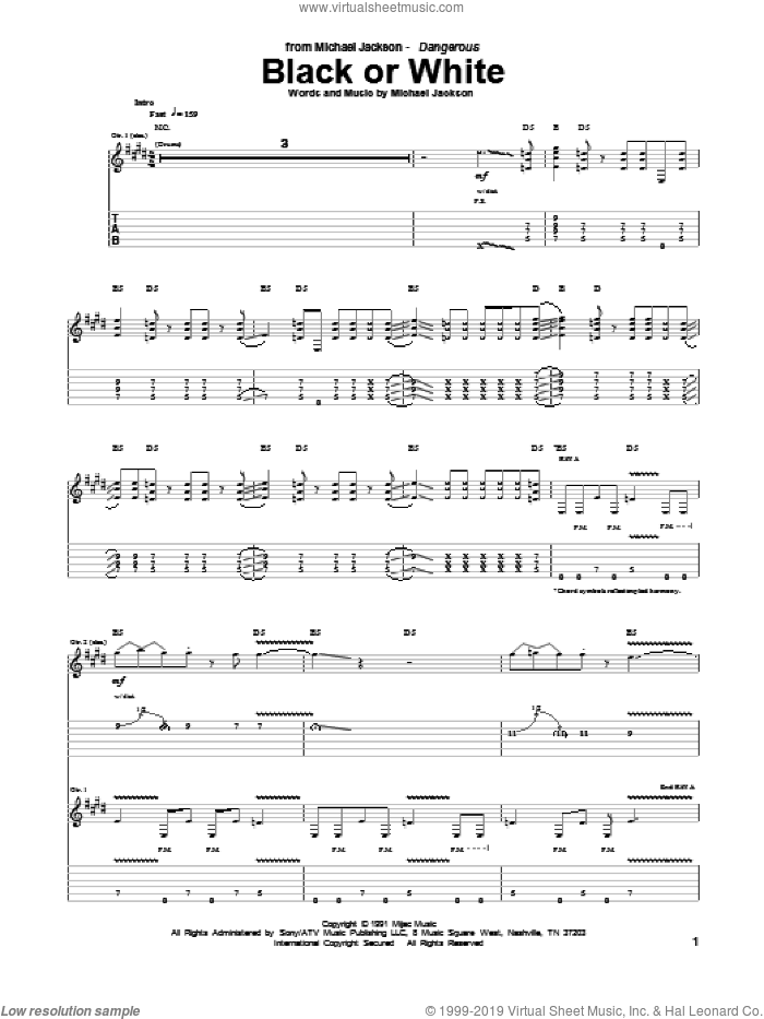 Black Or White sheet music for guitar (tablature) by Michael Jackson and Slash, intermediate skill level