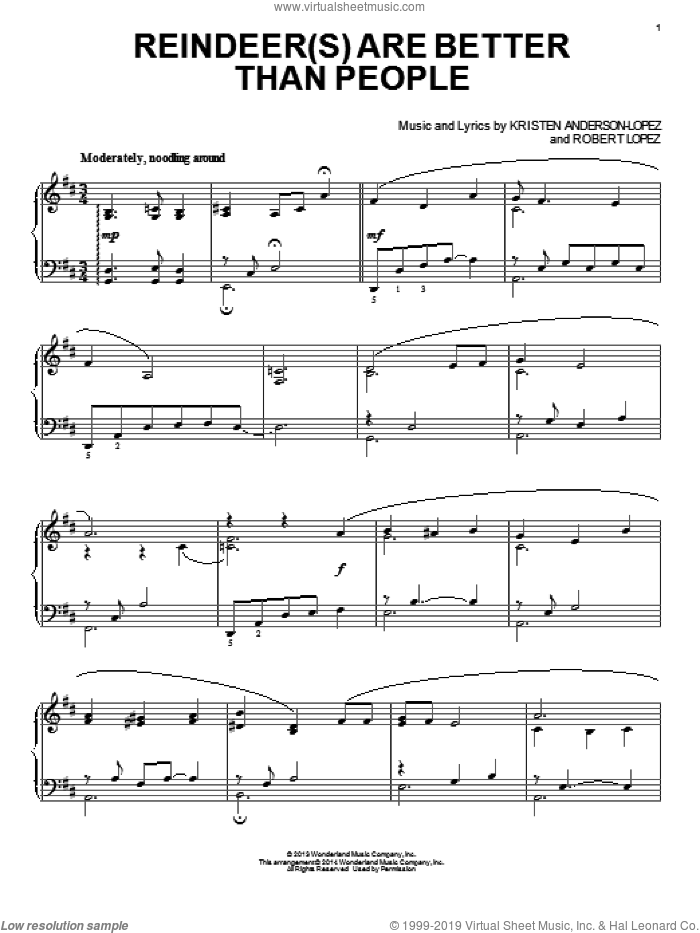 Reindeer(s) Are Better Than People (from Disney's Frozen) sheet music for piano solo by Jonathan Groff, Kristen Anderson-Lopez and Robert Lopez, intermediate skill level