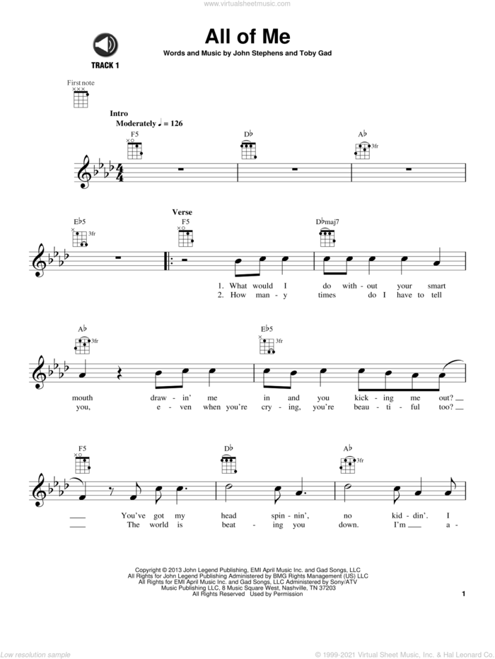 All Of Me sheet music for ukulele by John Legend, John Stephens and Toby Gad, wedding score, intermediate skill level