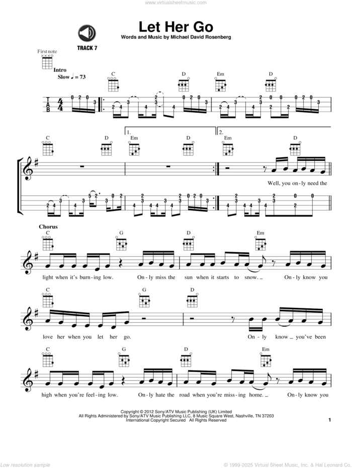 Let Her Go sheet music for ukulele by Passenger and Michael David Rosenberg, intermediate skill level