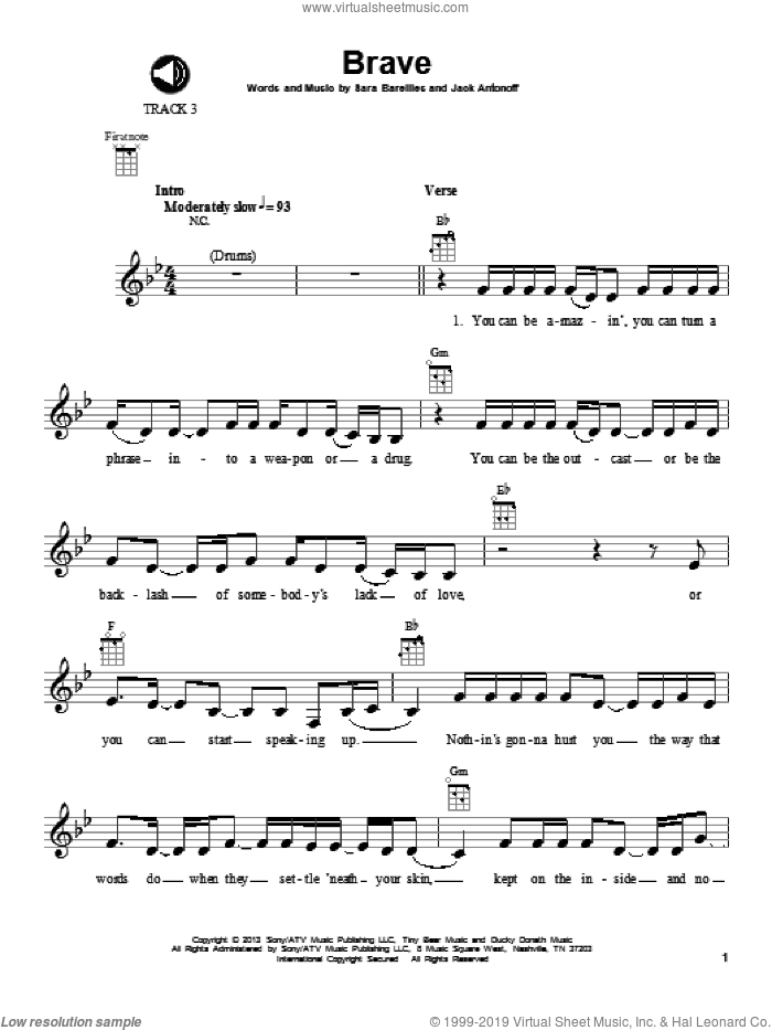 Brave sheet music for ukulele by Sara Bareilles and Jack Antonoff, intermediate skill level
