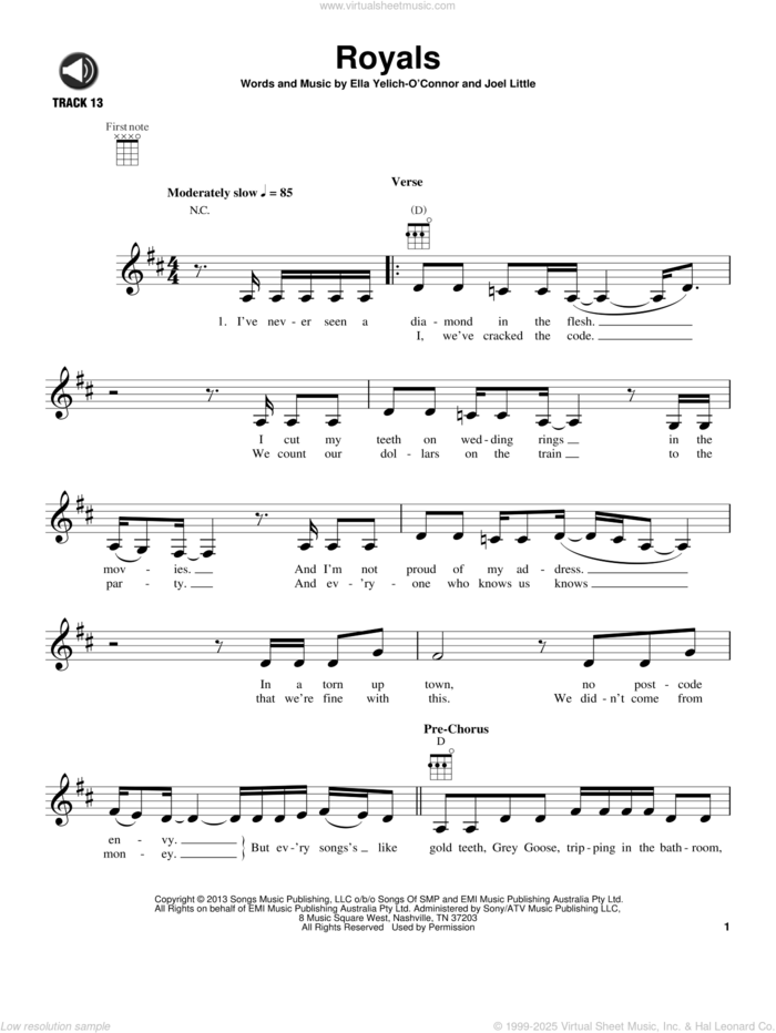 Royals sheet music for ukulele by Lorde and Joel Little, intermediate skill level