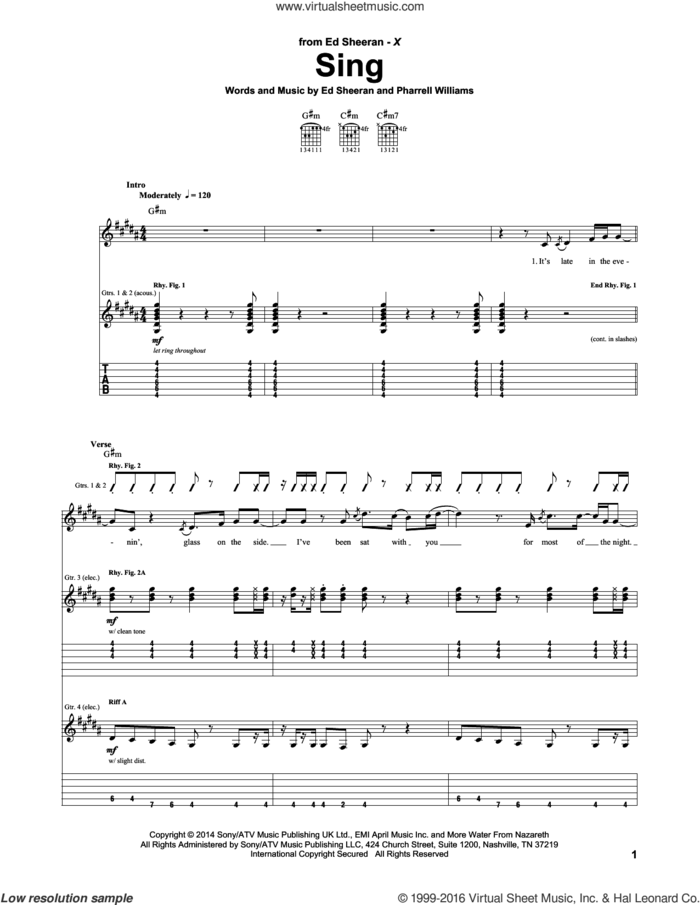 Sing sheet music for guitar (tablature) by Ed Sheeran and Pharrell Williams, intermediate skill level