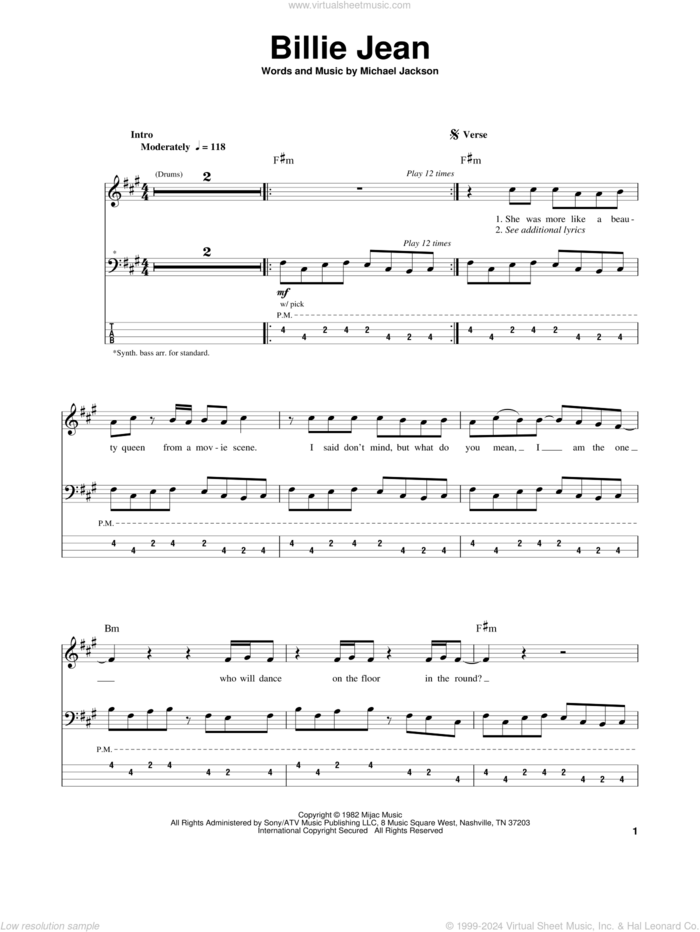 Billie Jean sheet music for bass (tablature) (bass guitar) by Michael Jackson and David Cook, intermediate skill level