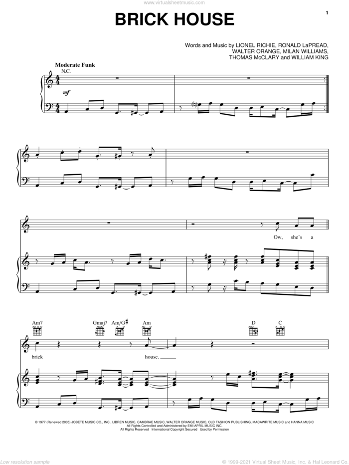 Brick House sheet music for voice, piano or guitar by The Commodores, Lionel Richie, Milan Williams and Ronald LaPread, intermediate skill level