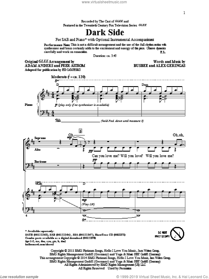 Dark Side sheet music for choir (SAB: soprano, alto, bass) by Glee Cast, Ed Lojeski and Kelly Clarkson, intermediate skill level