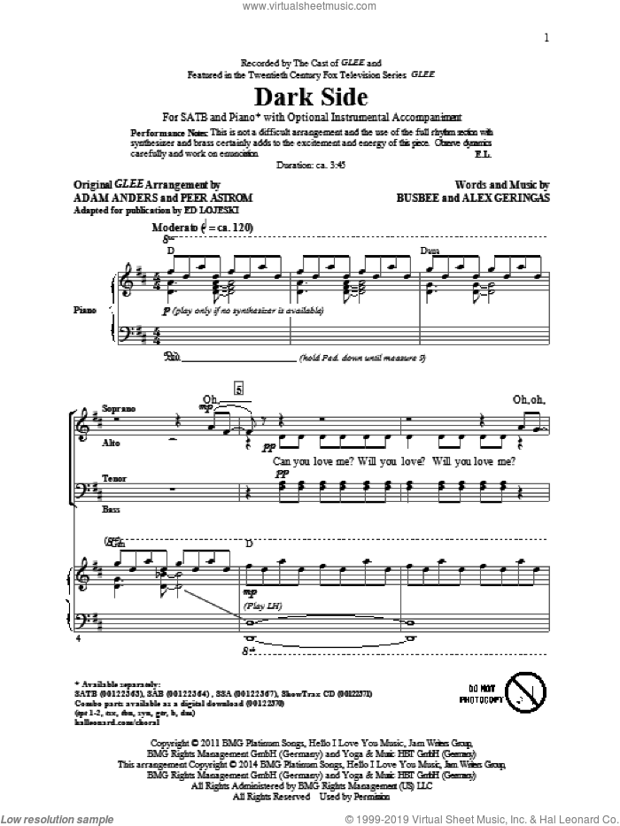 Dark Side sheet music for choir (SATB: soprano, alto, tenor, bass) by Glee Cast, Ed Lojeski and Kelly Clarkson, intermediate skill level