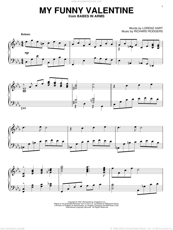 My Funny Valentine (arr. Brent Edstrom) [Jazz version] sheet music for piano solo by Rodgers & Hart, Lorenz Hart and Richard Rodgers, intermediate skill level