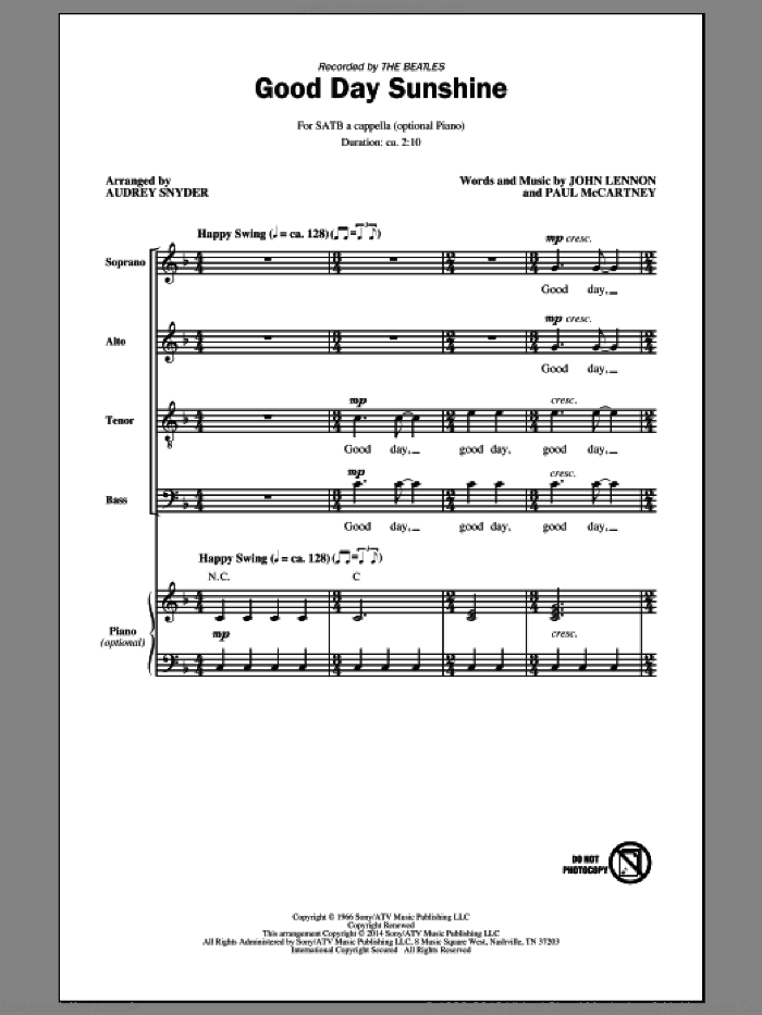 Good Day Sunshine sheet music for choir (SATB: soprano, alto, tenor, bass) by The Beatles, Audrey Snyder, John Lennon and Paul McCartney, intermediate skill level