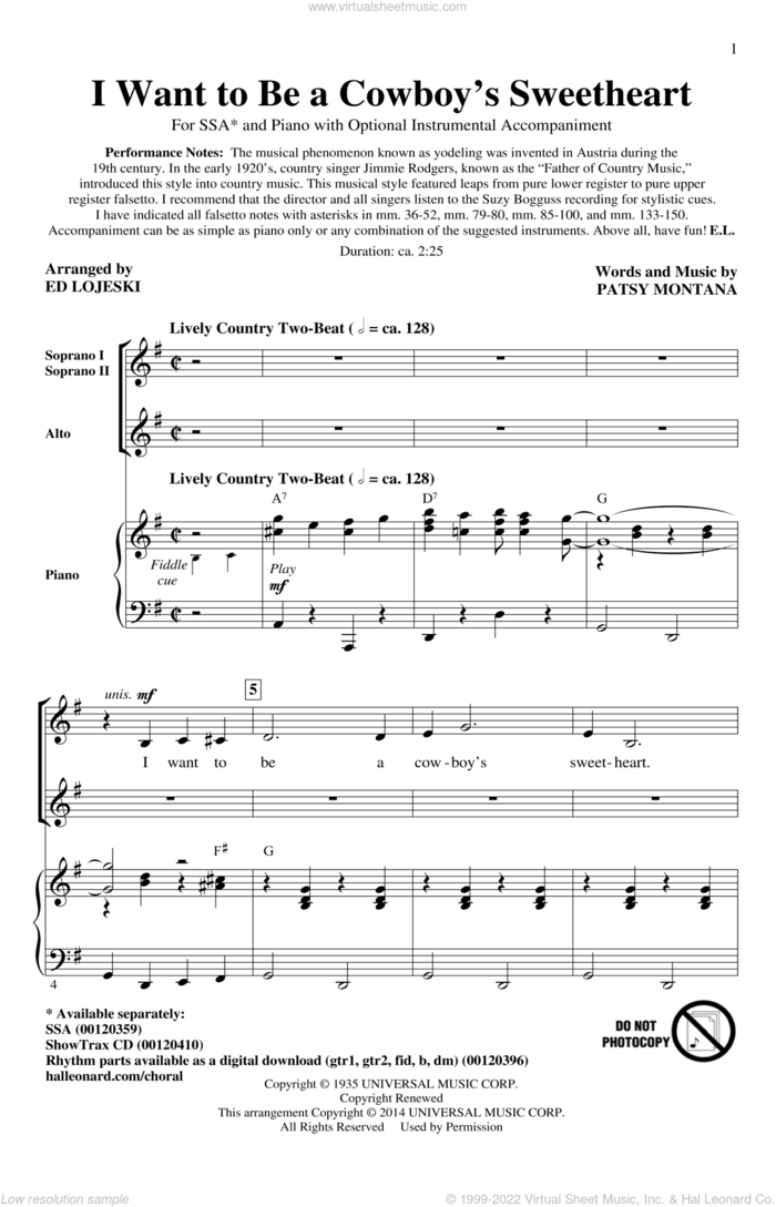 I Want To Be A Cowboy's Sweetheart sheet music for choir (SSA: soprano, alto) by Ed Lojeski, LeAnn Rimes, Patsy Montana and Suzy Bogguss, intermediate skill level