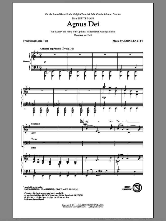 Agnus Dei (from Petite Mass) sheet music for choir (SATB: soprano, alto, tenor, bass) by John Leavitt, intermediate skill level