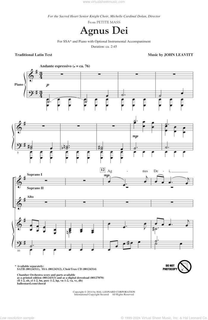 Agnus Dei (from Petite Mass) sheet music for choir (SSA: soprano, alto) by John Leavitt, intermediate skill level