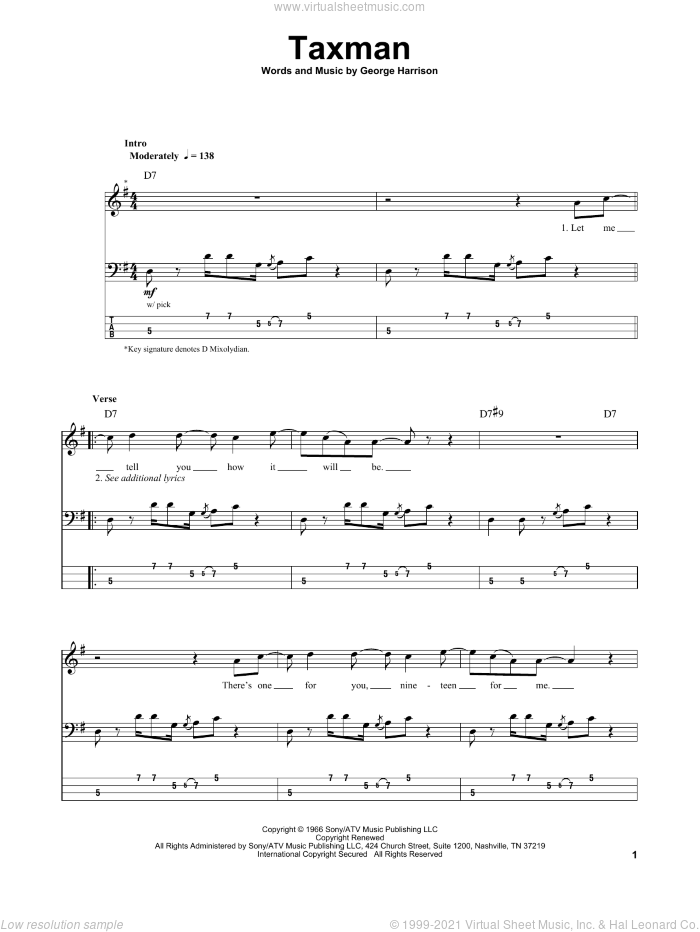 Taxman sheet music for bass (tablature) (bass guitar) by The Beatles and George Harrison, intermediate skill level