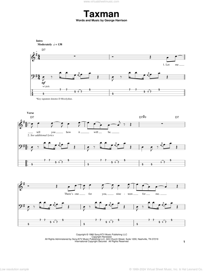 Taxman sheet music for bass (tablature) (bass guitar) by The Beatles and George Harrison, intermediate skill level