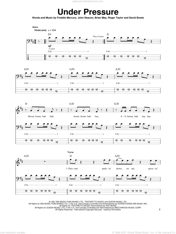 Under Pressure sheet music for bass (tablature) (bass guitar) by Queen, Brian May, David Bowie, Freddie Mercury, John Deacon and Roger Taylor, intermediate skill level