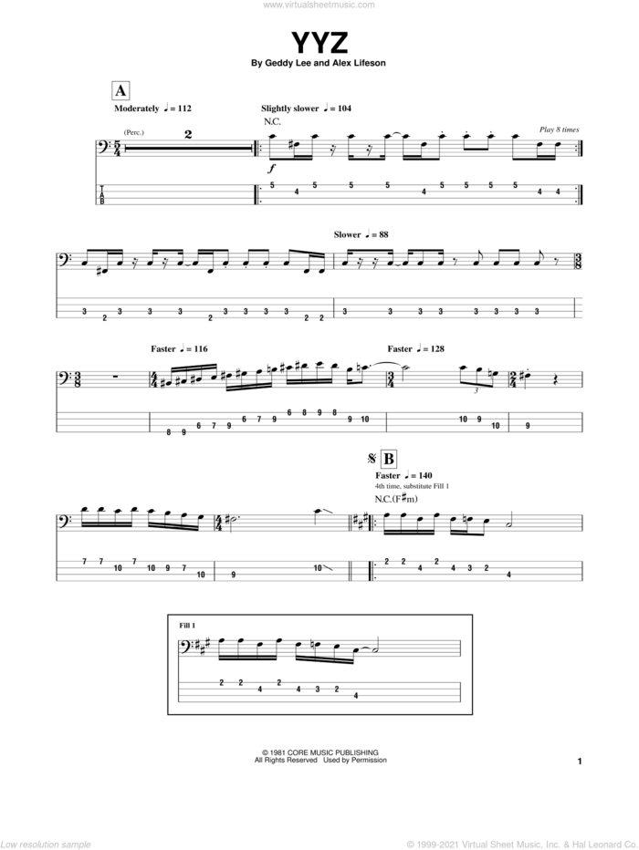 YYZ sheet music for bass (tablature) (bass guitar) by Rush, Alex Lifeson, Geddy Lee and Primus, intermediate skill level