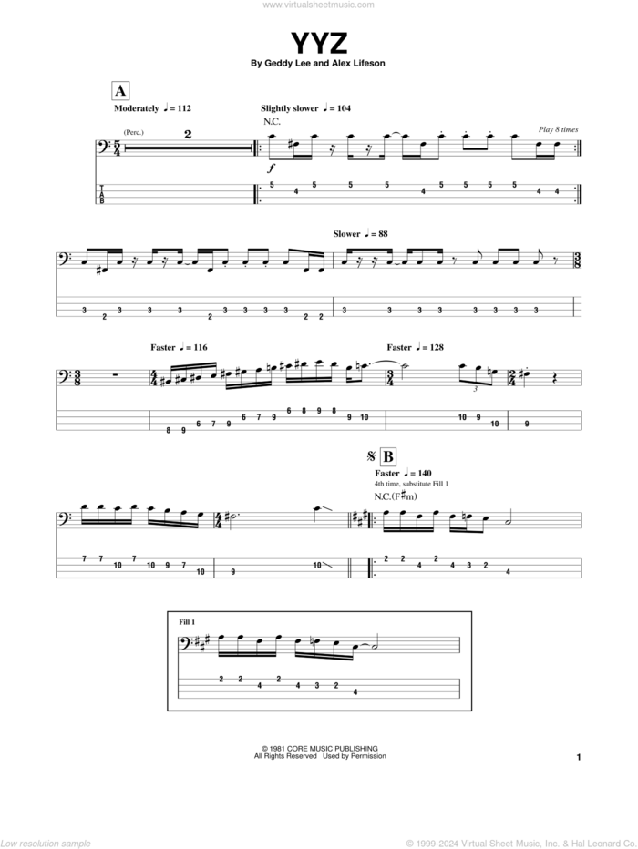 YYZ sheet music for bass (tablature) (bass guitar) by Rush, Alex Lifeson, Geddy Lee and Primus, intermediate skill level